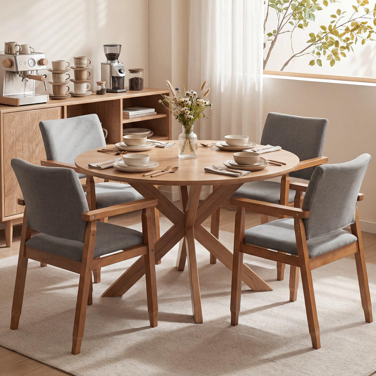 GOTMINSI Mid-Century Modern Linen Dining Chair with Arms, Solid Wood Frame