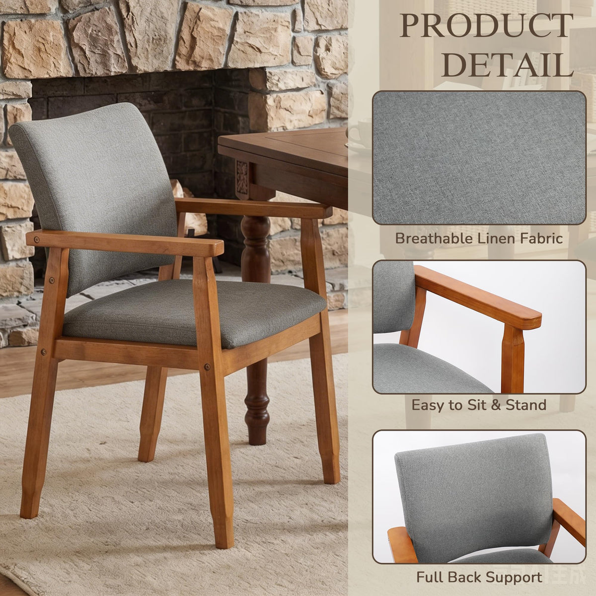 GOTMINSI Mid-Century Modern Linen Dining Chair with Arms, Solid Wood Frame