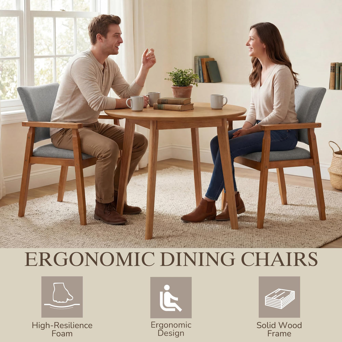 GOTMINSI Mid-Century Modern Linen Dining Chair with Arms, Solid Wood Frame
